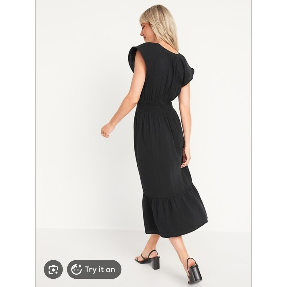 Old Navy Ruffle Chiffon Black Midi Dress Small Cotton Lined 753125 NWT - Picture 2 of 15